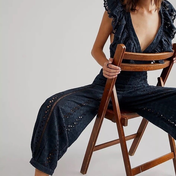 Free People Mikayla Navy Eyelet Ruffle Open-Back Jumpsuit | Size S - Picture 4 of 12